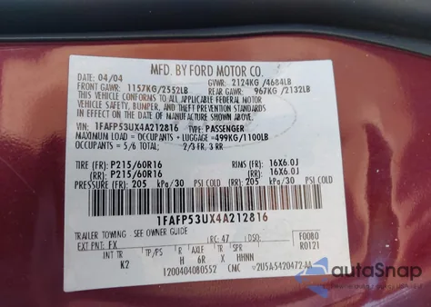 2004 Ford Taurus Se из США, поврежденный, VIN 1FAFP53UX4A212816